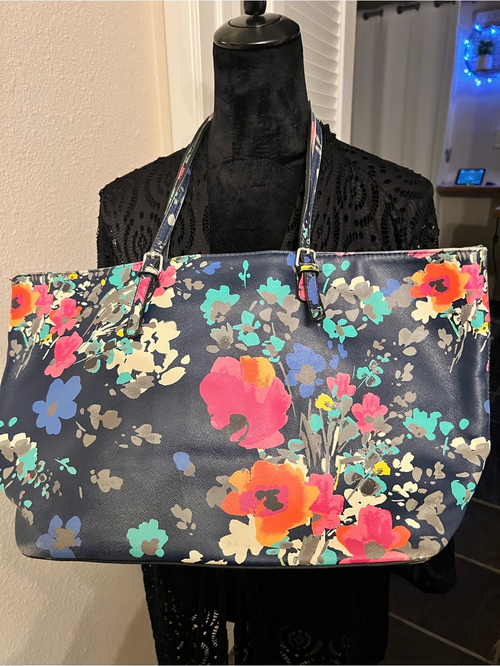 Floral Navy Tote Bag with Pink & Orange Accent